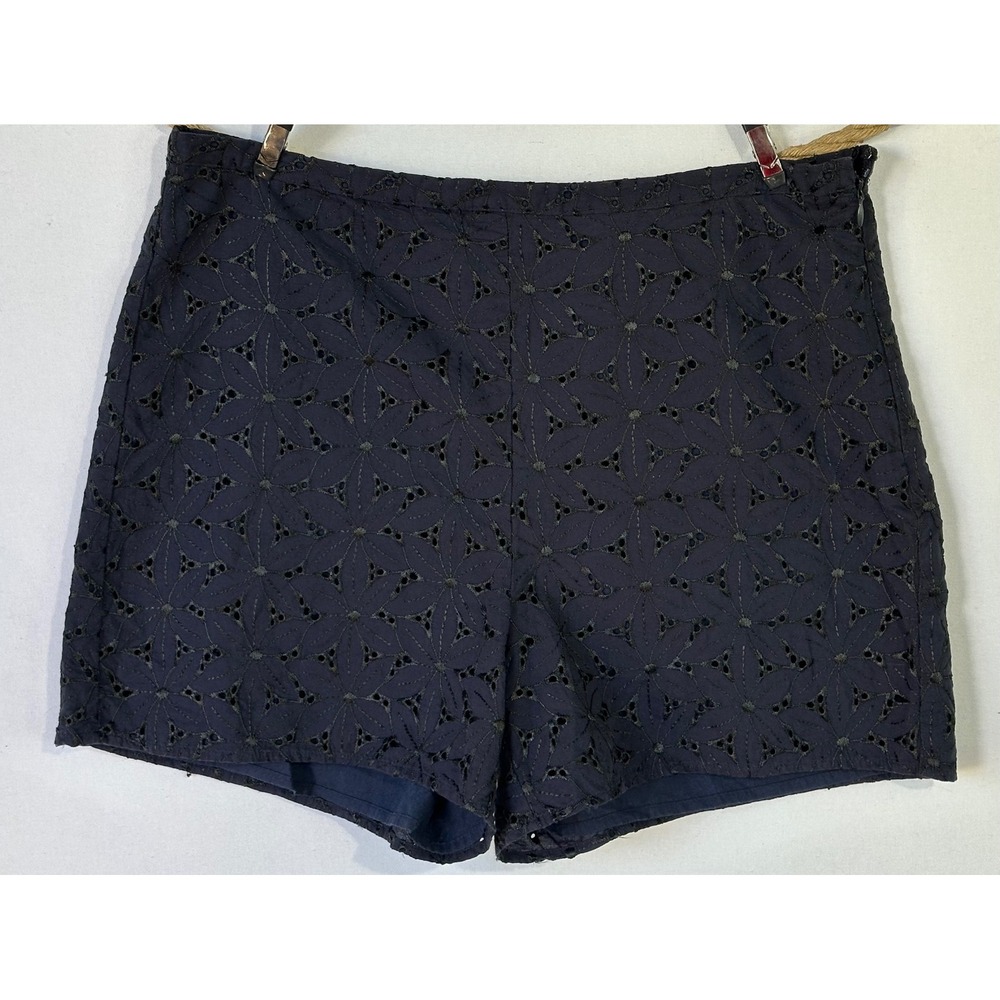 Retro Eyelet Shorts Floral High Waist Womens 10 Navy Blue Excellent